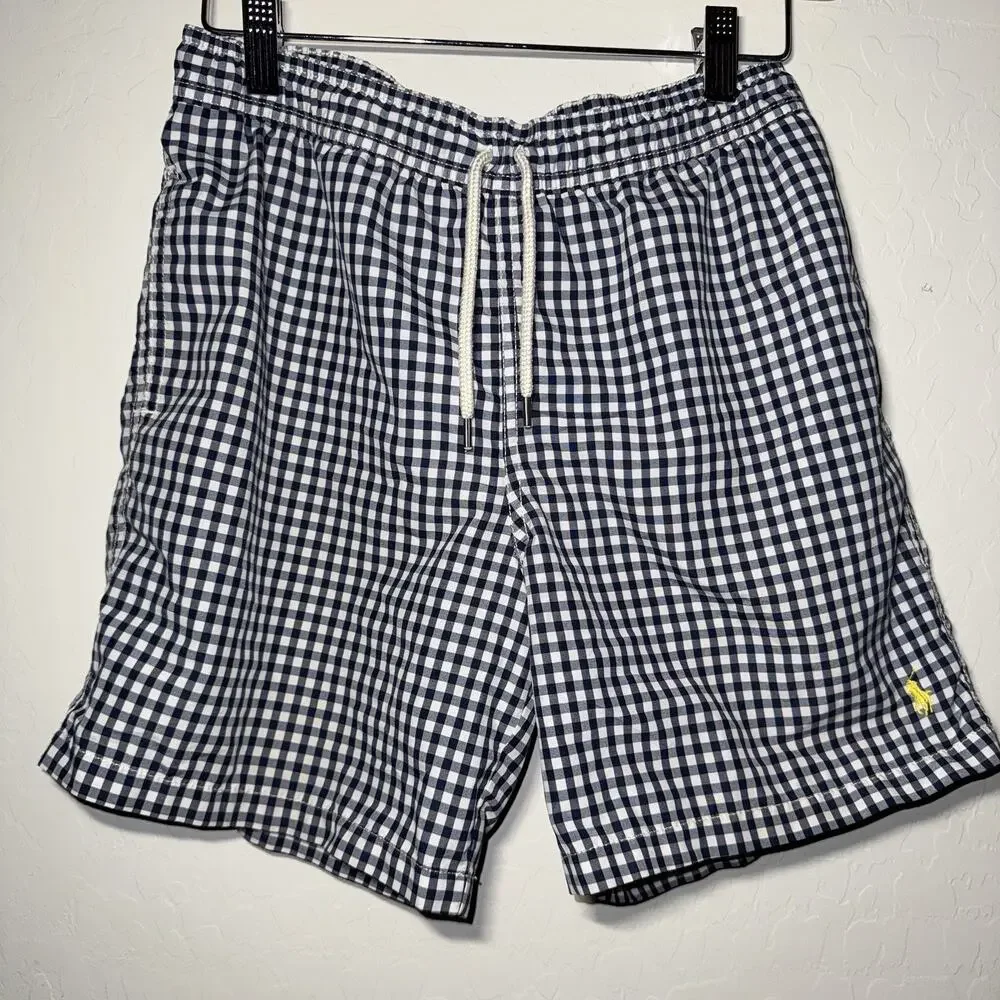 Polo Ralph Lauren Swim Short Size L (14-16) Blue White Gingham Drawstring Lined